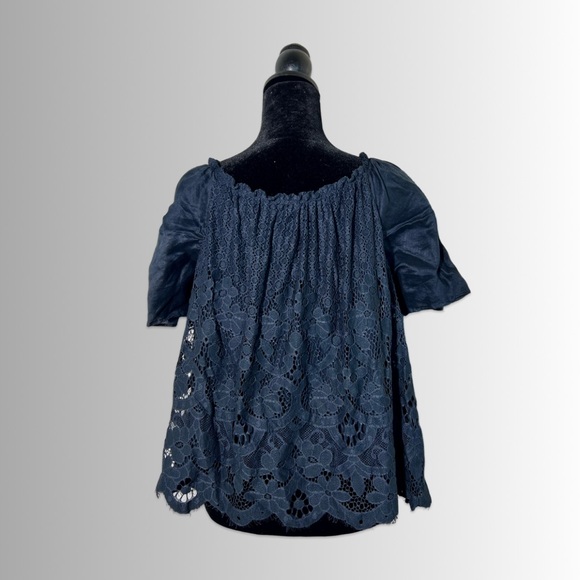 Anthropologie Moulinette Soeurs Navy Blue Lace Puff Sleeve Crop Top, Size Large - Picture 4 of 7
